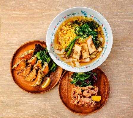 Gyoza, Chicken karaage, and Veggie Ramen