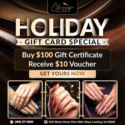 HOLIDAY GIFT CARD SPECIAL AT CLASSY NAILS & SPA
Spread the joy this season with a gift that never goes out of style.