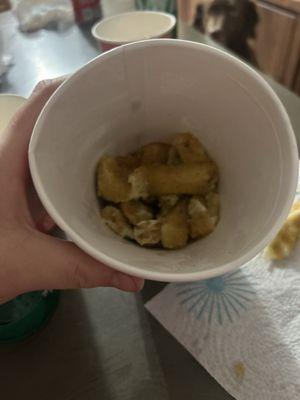 Sheetz Mozzarella Sticks - Bucket. What the fuck. Did you stuff them in and punch them until they were mutilated?!