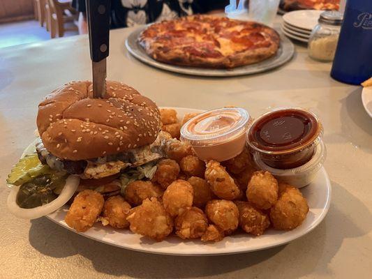 Timber Topper Burger with all the side sauces!