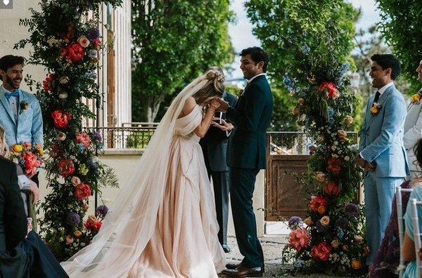 blush linen Carol Hannah gown for Payton
