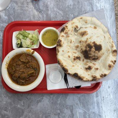 Authentic Curry and Tandoori Place Full Lamb Curry Plate including Small Salad, Dal, and Large Memorably Fresh Hot Naan