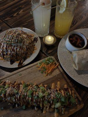 Imitation crab fried rice, teppanyaki burrito, fried sushi with imitation crab and shrimp (starts with g). Drinks: lychee, lemon