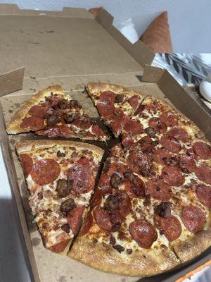 I ordered a 3 Meat Treat ....Only three slices came with beef the rest was A LOT OF PEPPERONI and barely bacon around the pizza.