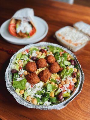 Greek salas + falafel (hummus in the back)