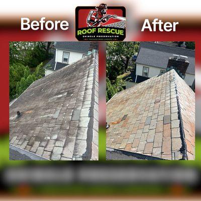 Keeping roofs clean and healthy is our thing. Here is a slate roof that got a makeover !
