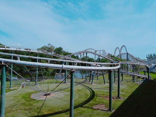 Most of the layout for Dragon can be seen in this photo. Lift/drop, and double loops in the background, figure-8 helix in the foreground