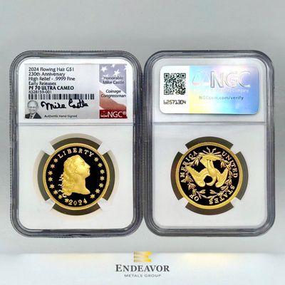 2024 NGC PF70 High Relief, Ultra Cameo 230th Anniversary Gold Flowing Hair signed by the honorable Mike Castle