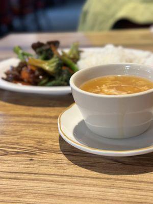 Cup of egg drop soup, broccoli beef