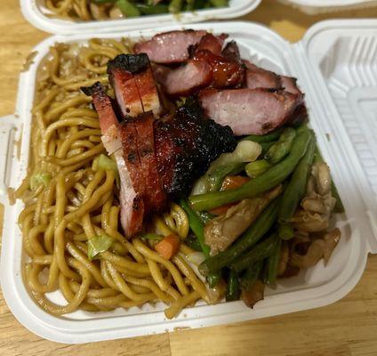 3 item combo fried rice and chow mein. BBQ pork and chicken with string beans