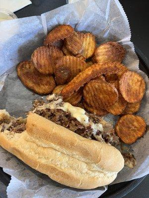 Philly steak no peppers no onions. Spicy fries