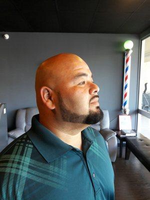 Nice STRAIGHT RAZOR SHAVE! A nice edge-up around the beard! He's as happy as can be, walking out for the smooth breeze on his smooth head!