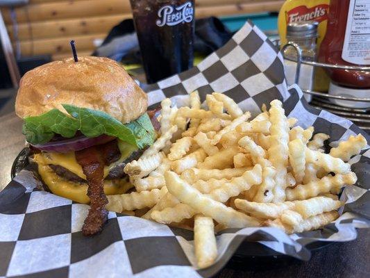 Double California Cheeseburger and crinkle cut fries