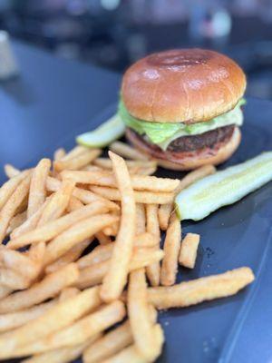 Charlie's burger with fries