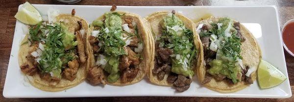 4 mini tacos 2 carne asada and 2 pollo