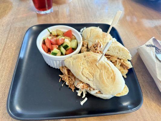Birria sandwich w/ cucumber tomato salad