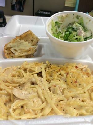 Today's meal. Blacken chicken alfredo with garlic bread and caesar salad.