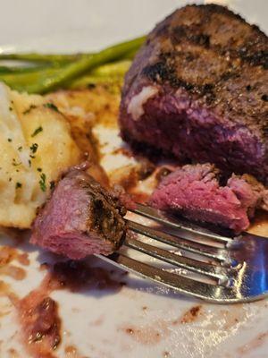 The Filet medium rare with the mashed potatoes and asparagus.
