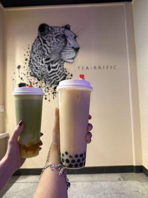 mango matcha (left) and honey oolong milk tea (right)