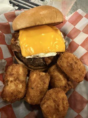 Breakfast burger with loaded tots