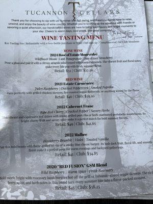 Wine tasting menu.