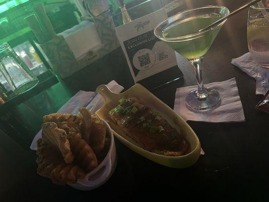 Fries, salmon bites, martini