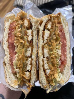 Spicy chicken cutlet, melted pepper jack cheese, lettuce, tomato, sweet peppers with chipotle mayo on a roll.