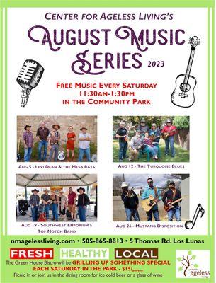 Join us for this Free Community Event Every Saturday in August at the Center for Ageless Living
Find us at 5 Thomas Rd in Los Lunas, NM