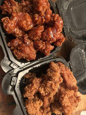 Fried chicken, sweet and spicy and soy garlic.