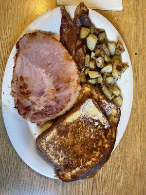 French toast, home fries, ham, bacon