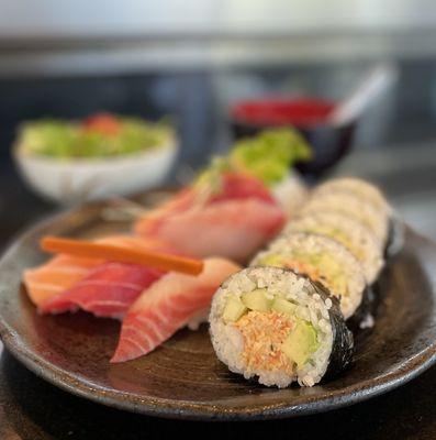 Fantastic Set: 3 pcs Sushi + 3 pcs Sashimi + 1 Cut Roll (Spicy Shrimp & Crab)