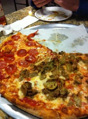 Pepperoni and eggplant pizza.