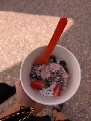 Strawberry and Greek honey frozen yogurt bowl! So delightful and love that it's self serve