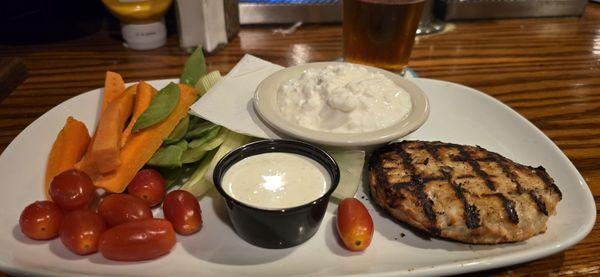 Protein plate with turkey burger, fresh veggies & ranch, and cottage cheese