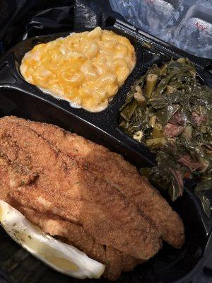 Swai fish that pass off as catfish , Mac n cheese and greens
