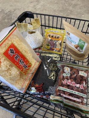 My shopping cart! Red dates, coconut sugar, snow mushrooms, dried boba, black rice, tea mix