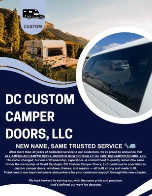 Expert camper door & window repair and fabrication. Same quality service, new name -- DC Custom Camper Doors, LLC.