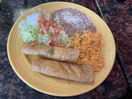 Lunch menu Chicken Flautas, Rice, Beans, Garnish, Sour Cream