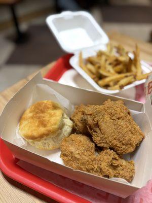 Three Piece Chicken w Biscuit (~$10) & Hand Cut Fries (~$5)