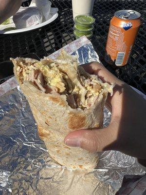 Breakfast burrito! Ham, egg, potato and cheese! Sooo good and big!