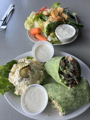 Chicken Bacon wrap, potato salad, side salad