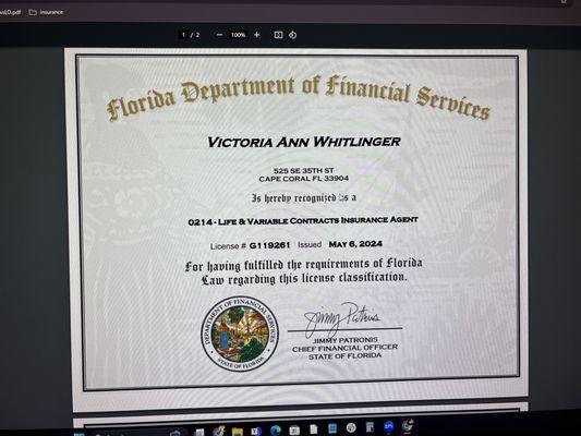 Life insurance license for state of Florida