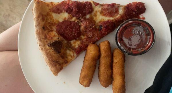 sicilian pizza and mozzarella sticks