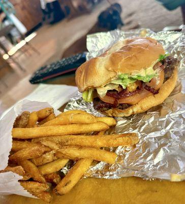 Delicious double cheeseburger, and crispy fries w/soda $13