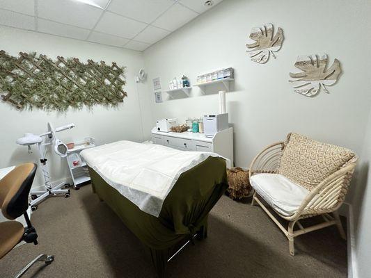 Seating area. Wax table, products etc.