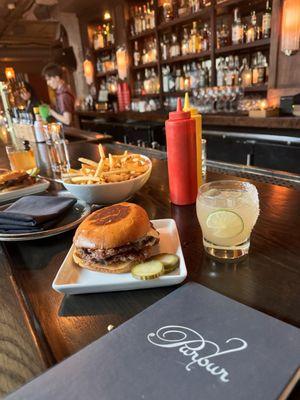Parlour Burger, Fries, spicy mezcal margarita