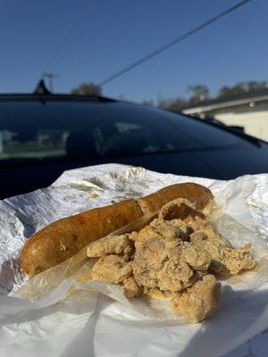 boudin sausage and some chicken cracklins