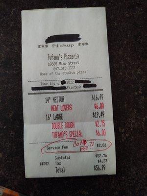 COVID service fee? Really? None of the workers had masks or wore gloves. What's the fee for?