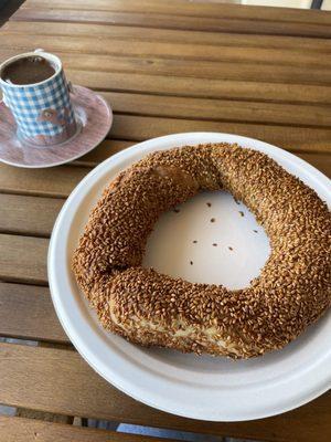 Herb filled Simit along side with Turkish coffee.