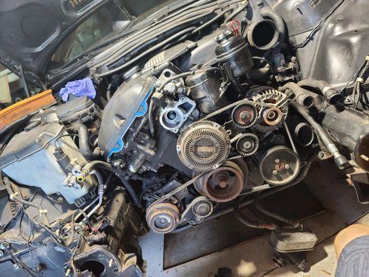 Disassembly of the front end on an 03 BMW 330ci to gain better access to see what's broken after a front end collision.